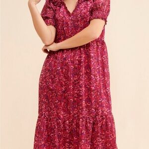 Anthropologie Red Ruched Midi Sundress with Puff Sleeves
